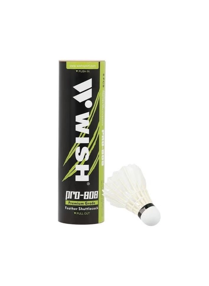 Wish Premium Grade Feather Shuttlecock Pro -808 - 6 Pc Tube Of Durable Feather Shuttlecocks With Cork Tips 23x10.5x6.5 Cm White - Image 1